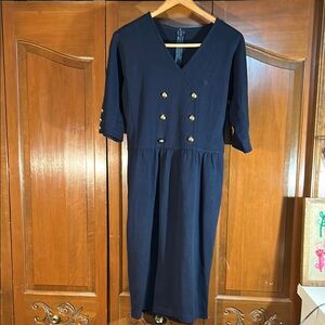 Elegant Navy Blue Dress with Gold Button Accents